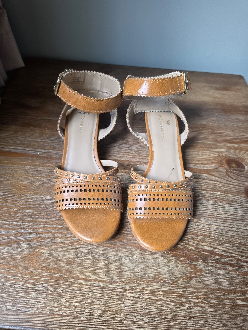 BCBG 9 Tan Ankle-Strap Sandals with Stud Detail